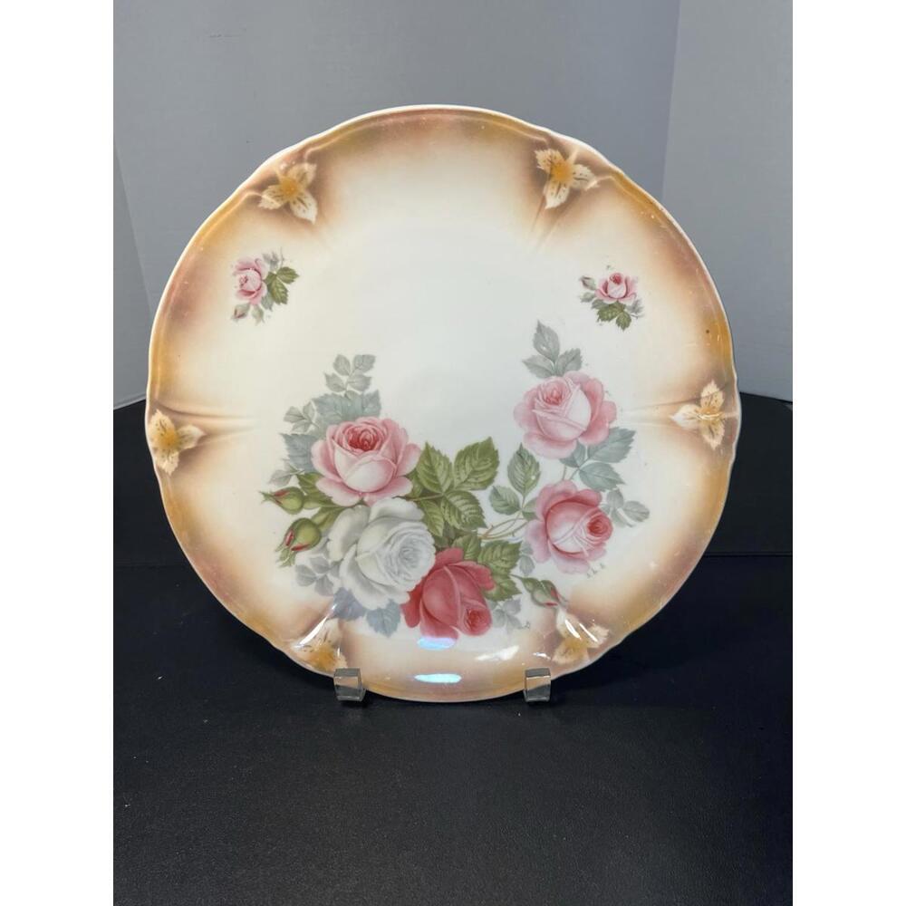 Antique 1900’s Porcelain Beige Hand Painted Roses Dish Plate, Germany, 12"